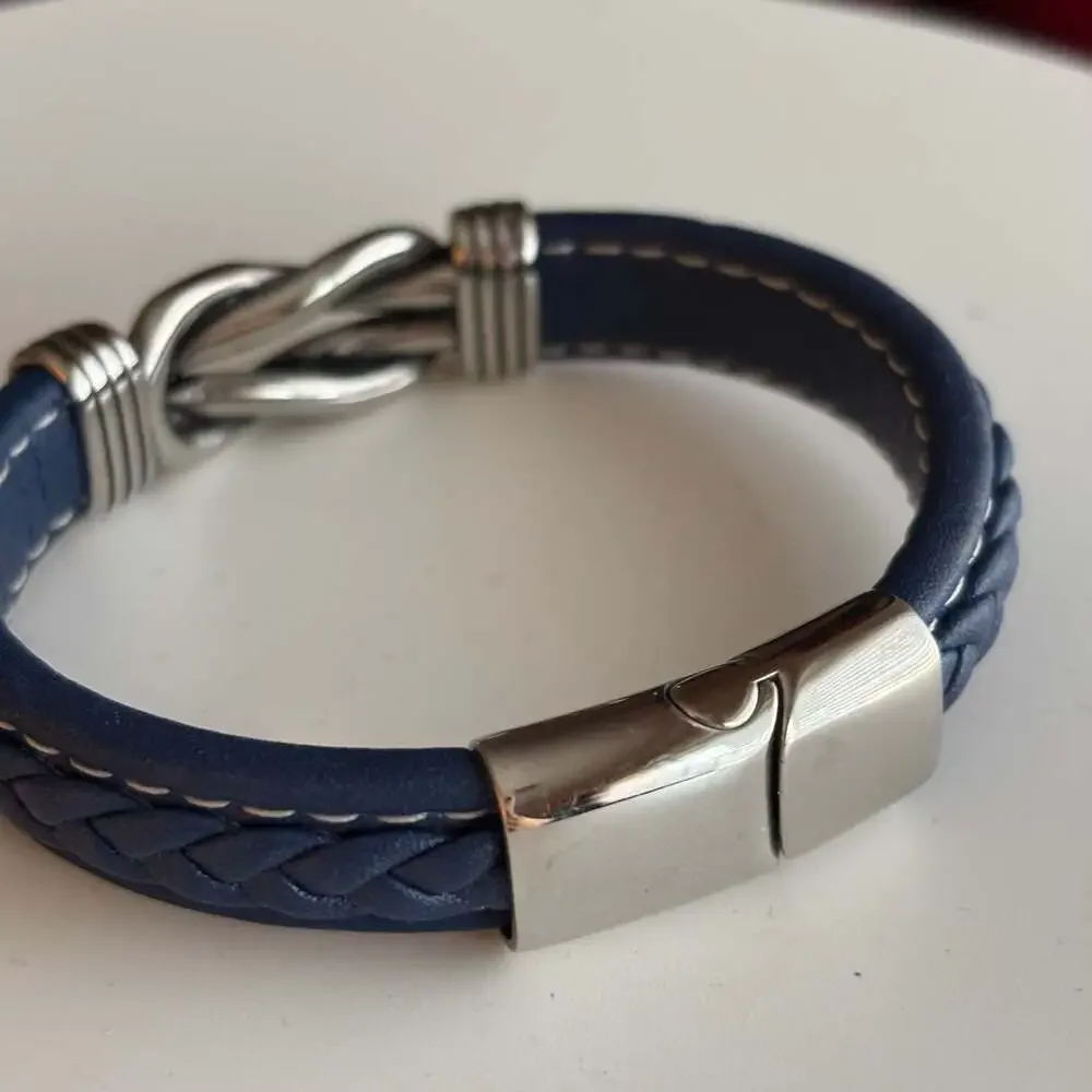Men's LYNX Stainless Steel & Navy Braided Leather Bracelet